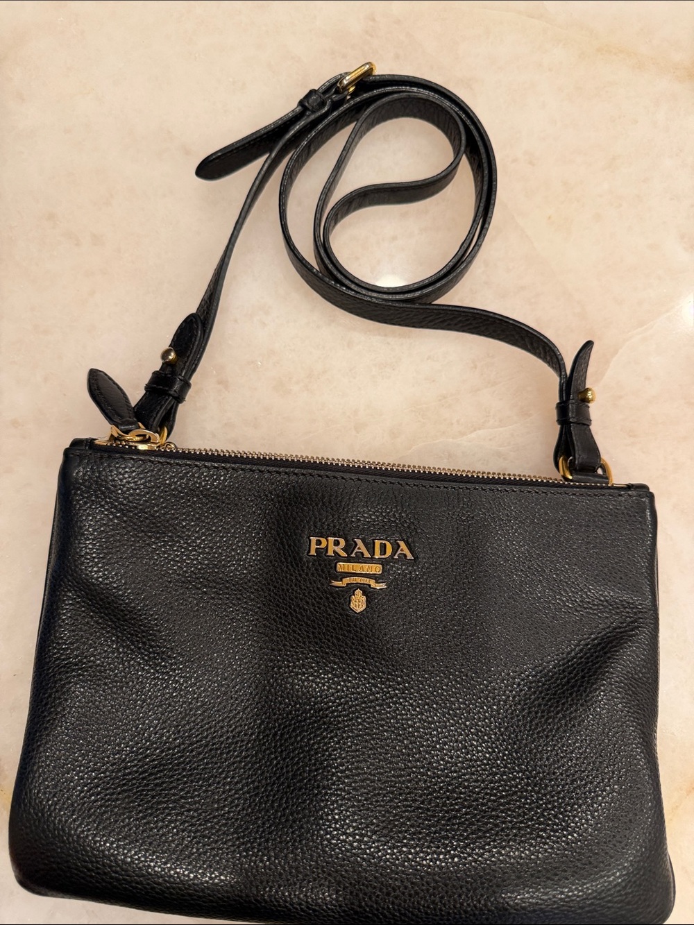 Authentic Prada Black Pebbled Leather Shoulder Bag with Gold Logo Accent - Picture 9 of 10